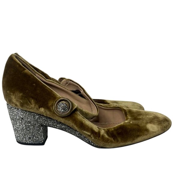 MARC JACOBS Velvet Mary Jane Pumps 35 Crystal Embellished Almond Toe Block Heel - Picture 2 of 9